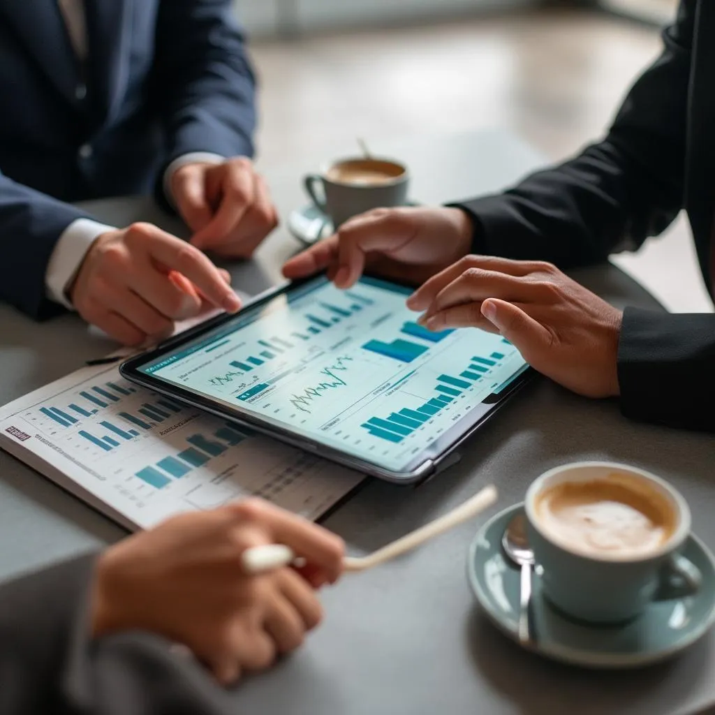 Detalle de manos analizando datos financieros en una tablet en Argentina